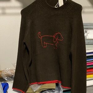 Anthropologie Brown Sweater with Red Dog Embroidery